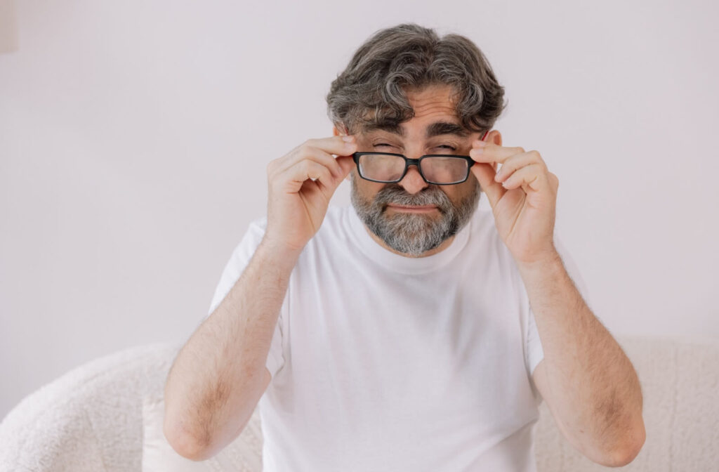 Adjusting glasses to improve focus and clarity.