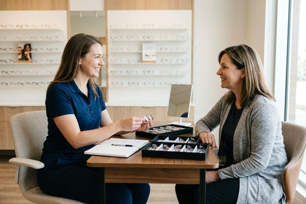 An optician consulting with a patient during an eye care appointment at a Calgary eye clinic.