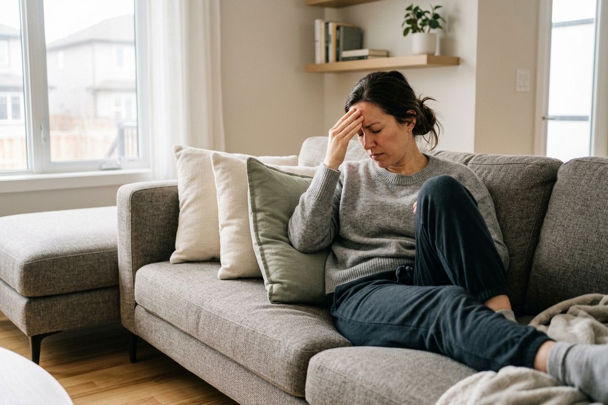 Adult sitting on a grey sofa at home, holding one hand to their forehead with eyes closed, appearing distressed.