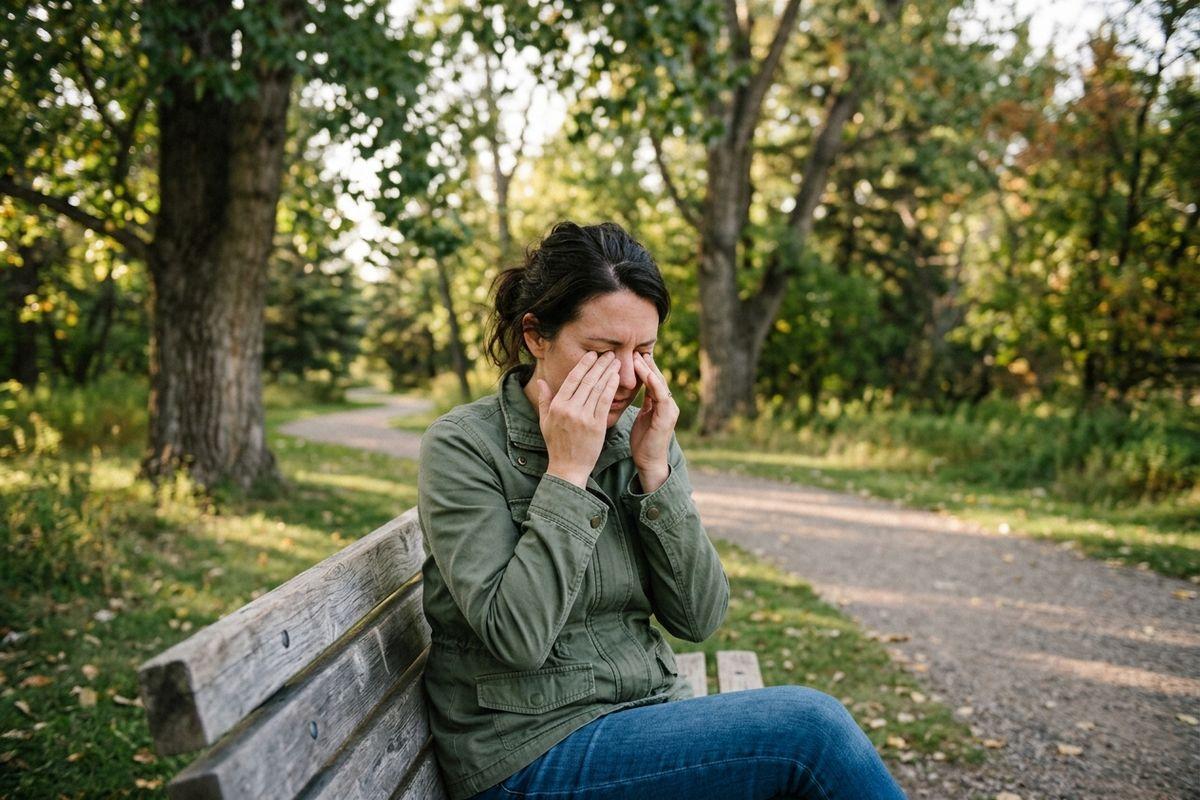 An adult sitting on a park bench, pressing both hands against their closed eyes, surrounded by trees and a winding path.
