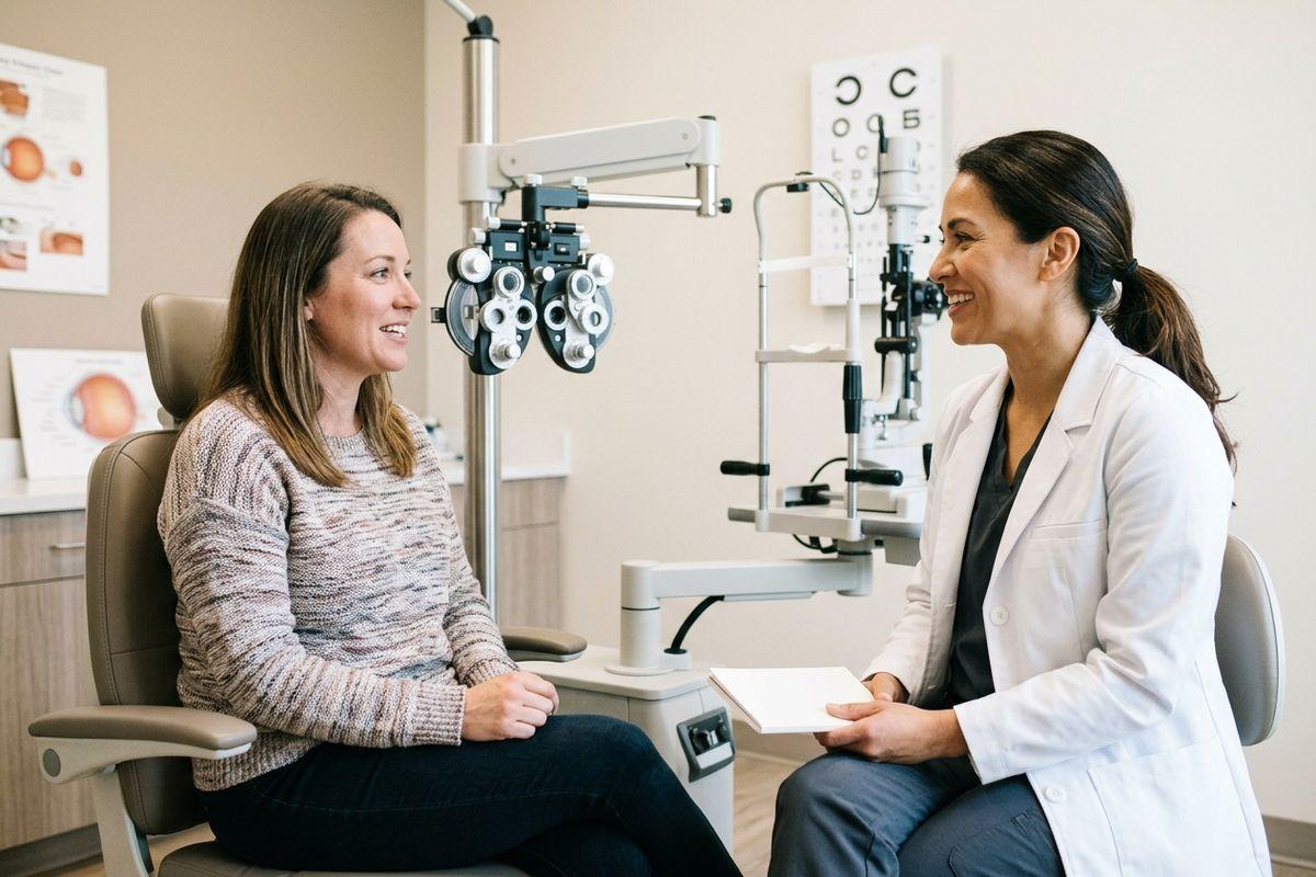 Optometrist holding a notepad smiles while consulting with a patient seated in an exam chair, with a phoropter and eye chart visible behind them.