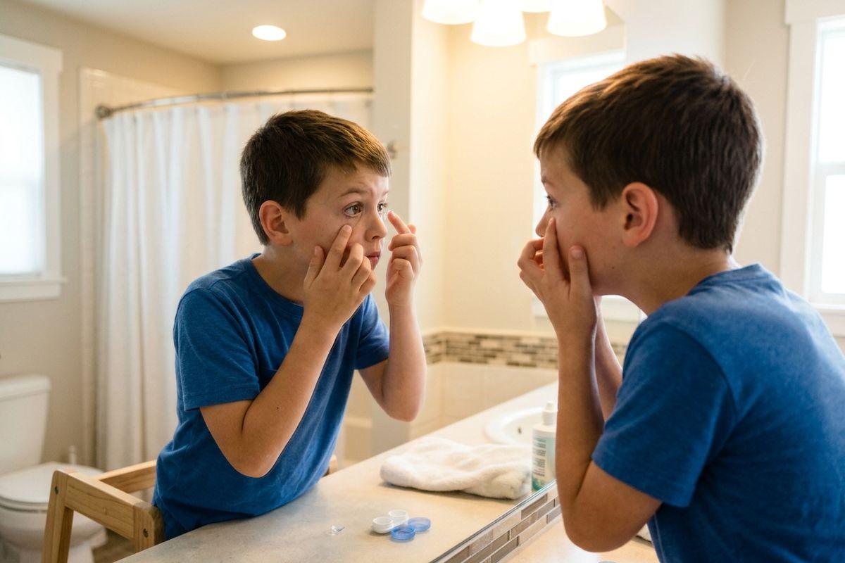 Child inserting a contact lens while looking in a bathroom mirror, with a contact lens case visible on the counter.