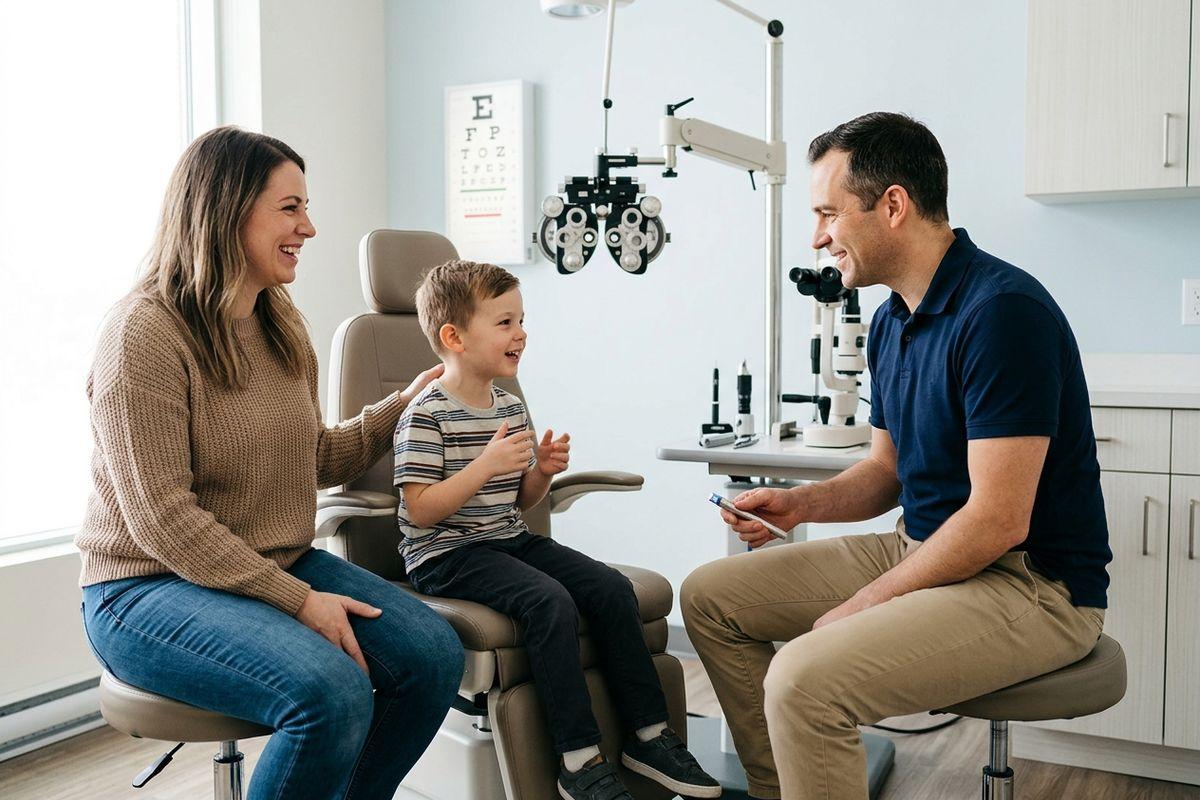 Smiling child sits in an exam chair beside an adult as an optometrist talks with them in an eye exam room with a phoropter and eye chart.