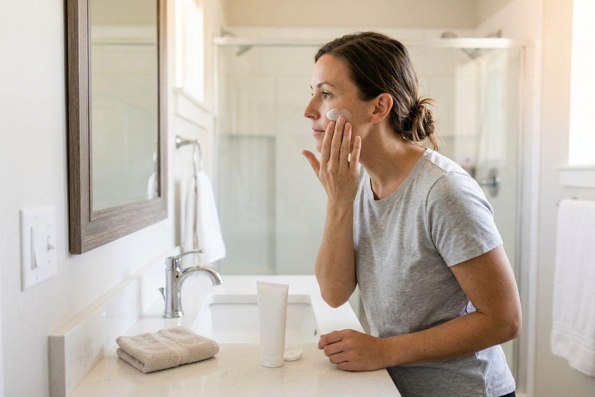 Adult applying white cream to cheek while looking in a bathroom mirror, with a tube and folded towel on the counter.