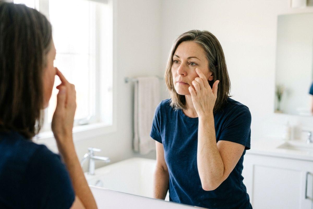Adult in a navy t-shirt touching the skin under one eye while looking closely at their reflection in a bathroom mirror.