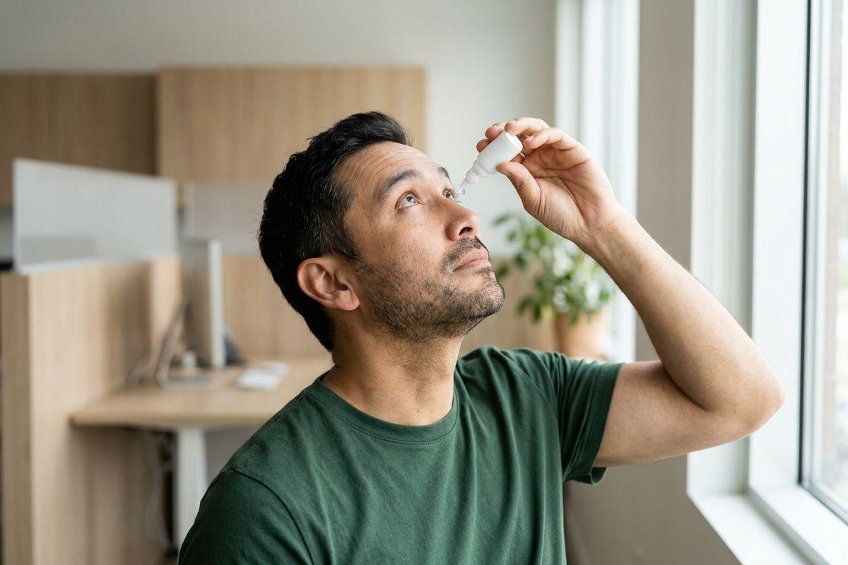 Adult in a green T-shirt tilts head back to apply eye drops from a small white bottle, standing beside a bright window indoors.
