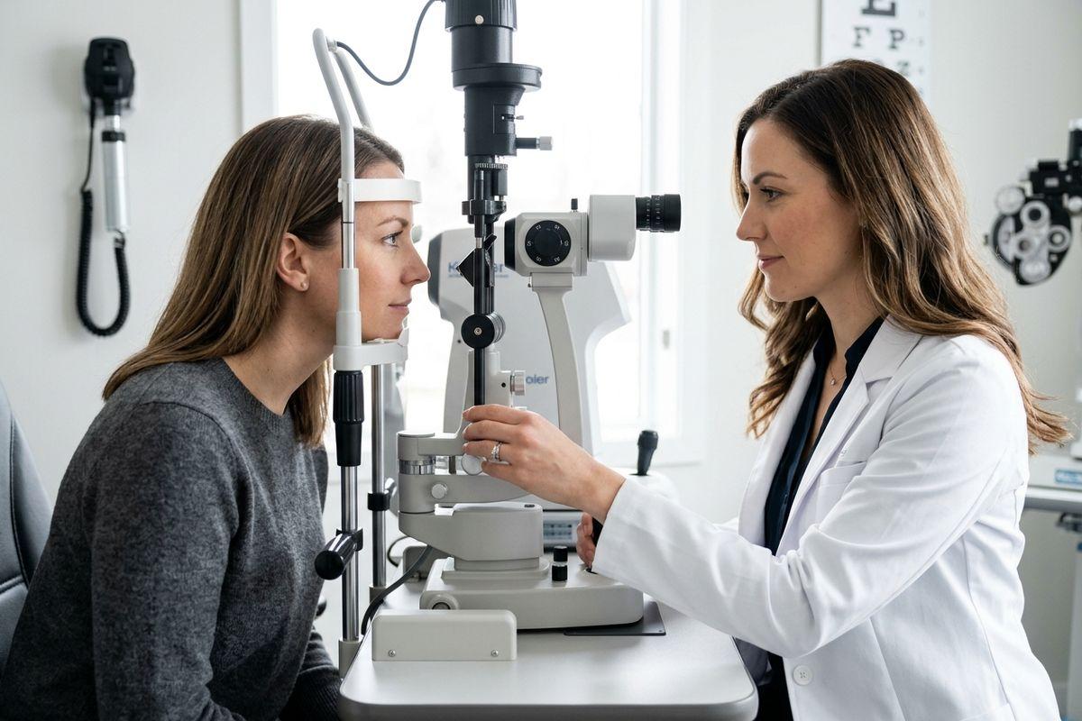 Optometrist adjusts a slit lamp while a patient rests their forehead against the headrest in an exam room with an eye chart on the wall.